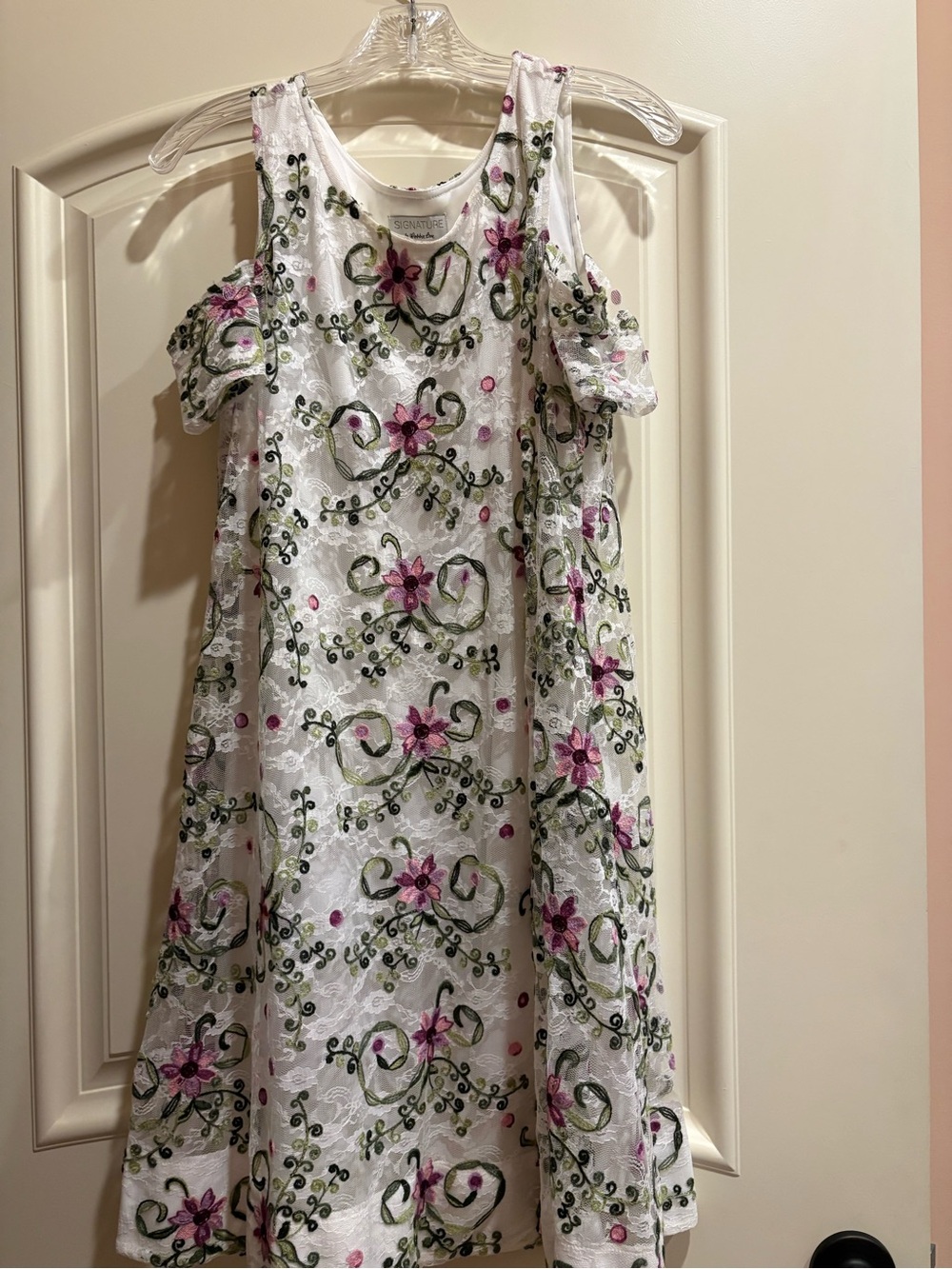 White Cold-Shoulder Floral Embroidered Dress with Pink & Green Accents